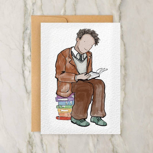 Person Reading Books 4x5" Greeting Card -Vintage Style