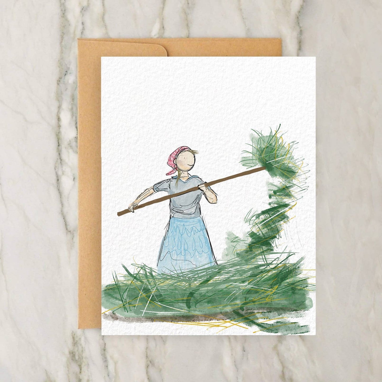 Rural Vintage Farm Woman Raking Hay 4x5" Greeting Card