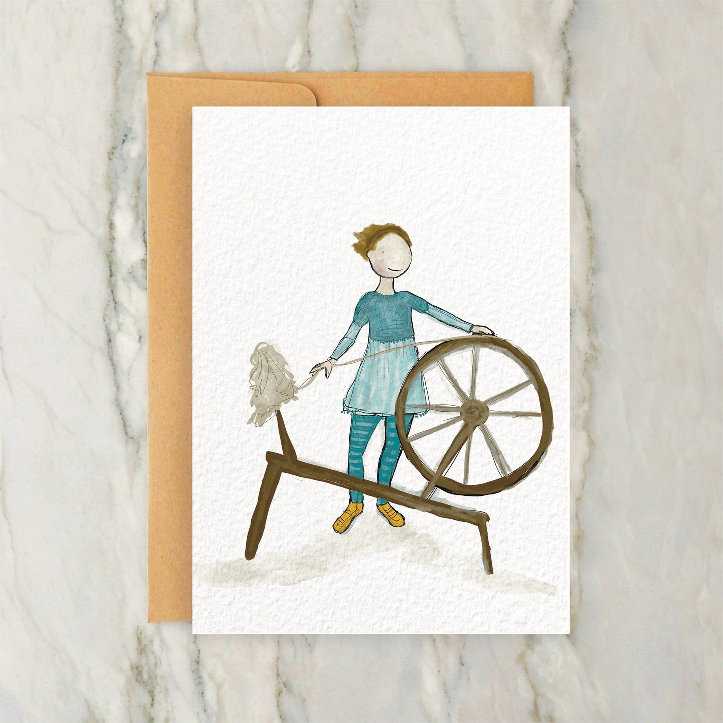 Person in Blue Dress at a Spinning Wheel Card 4x5"