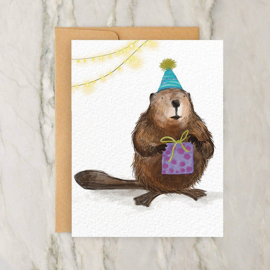 Beaver with Birthday Hat and Gift 4x5" Greeting Card