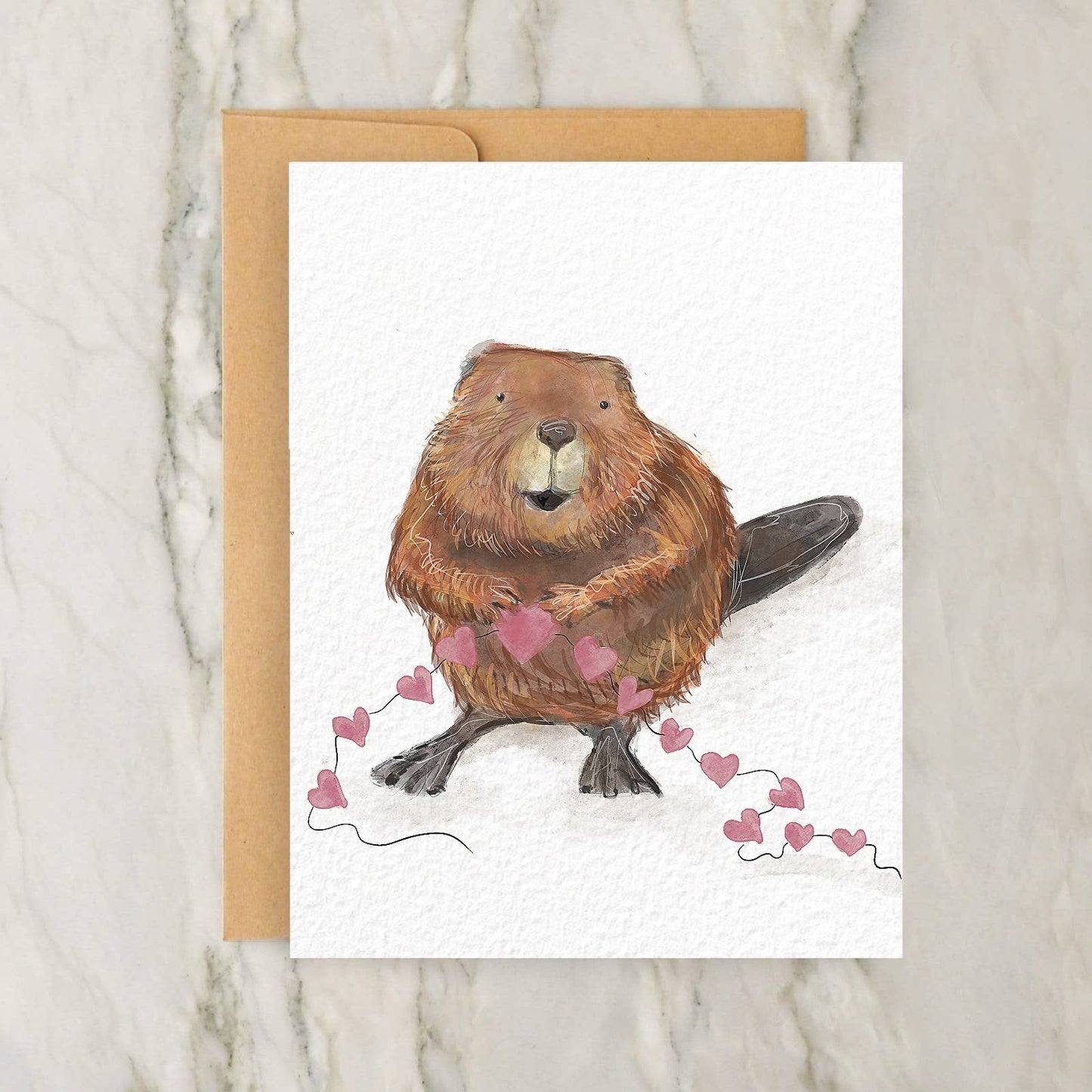 Valentines Day Beaver with Heart Bunting 4x5" Greeting Card