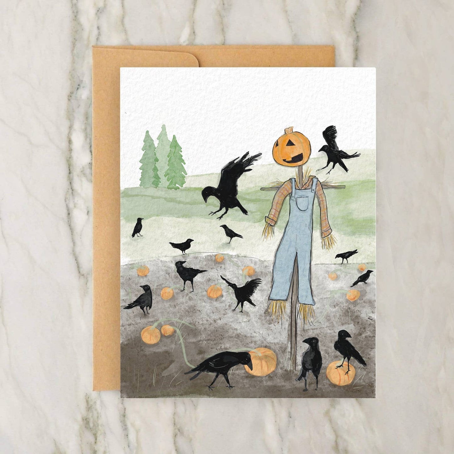 Hey! Halloween Scarecrow Pumpkin and Crow Card 4x5"