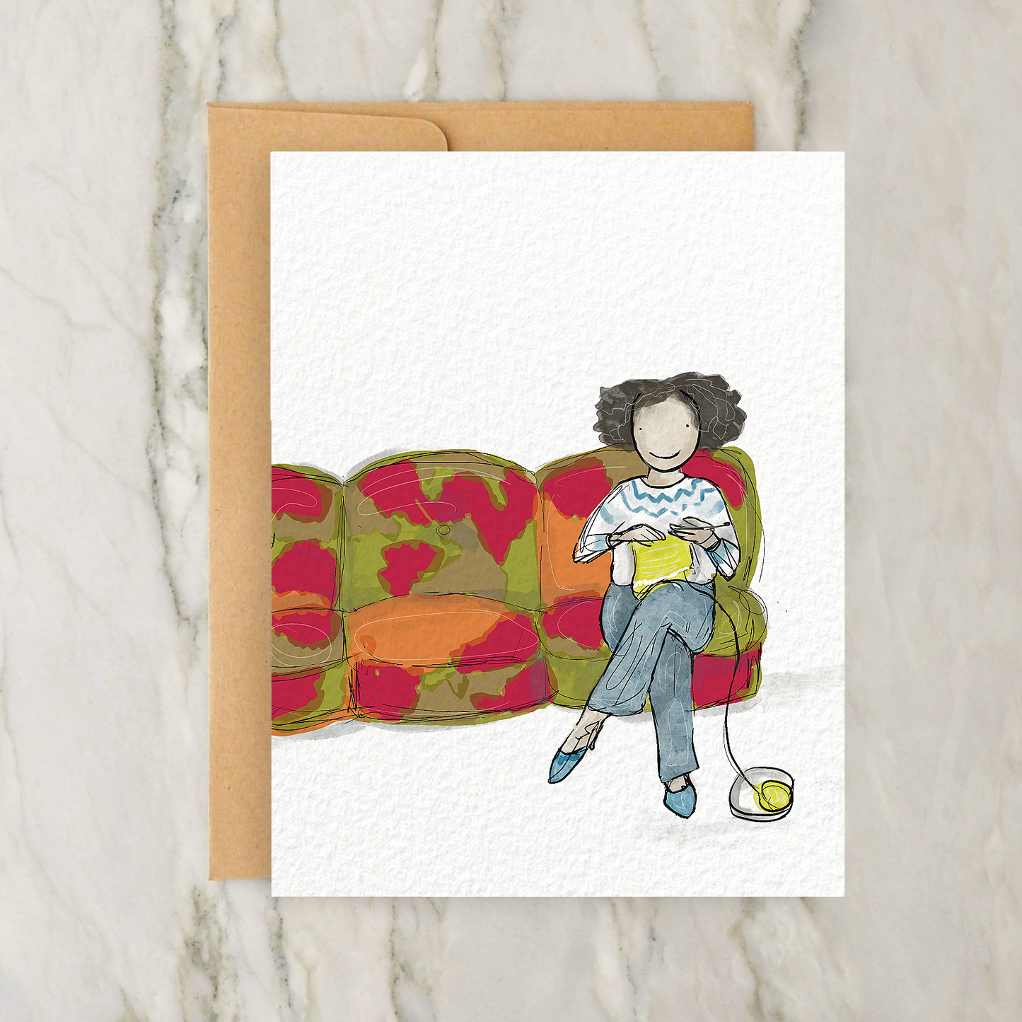 a card with a drawing of a woman sitting on a couch